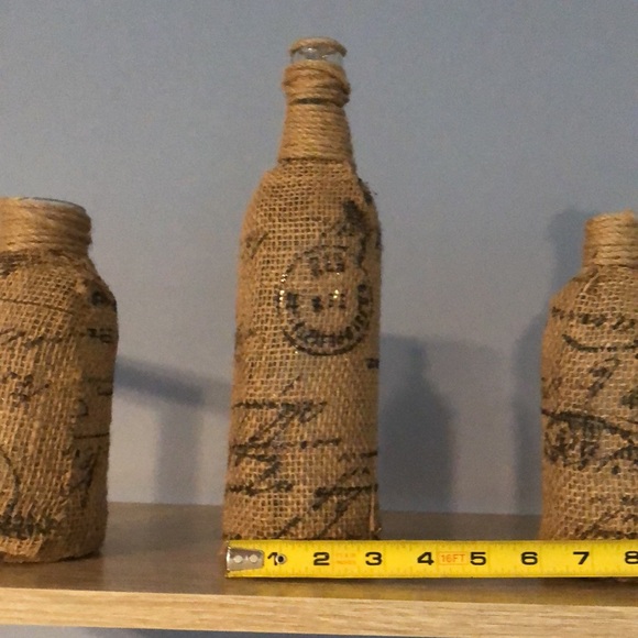 Set of 3 burlap and twine wrapped glass bottles. - Picture 7 of 8